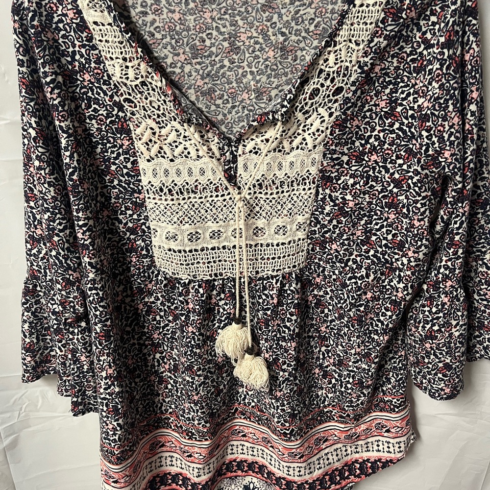 Cato Black and White Boho Blouse with Red Accents
